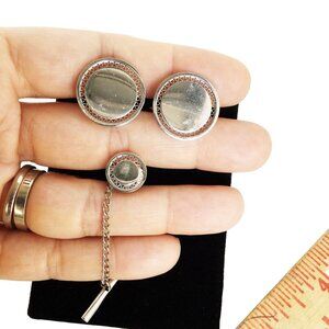 Silver Tone Cuff Link Tie Tack Set Shiny Classic Elegant Vintage Man Accessory